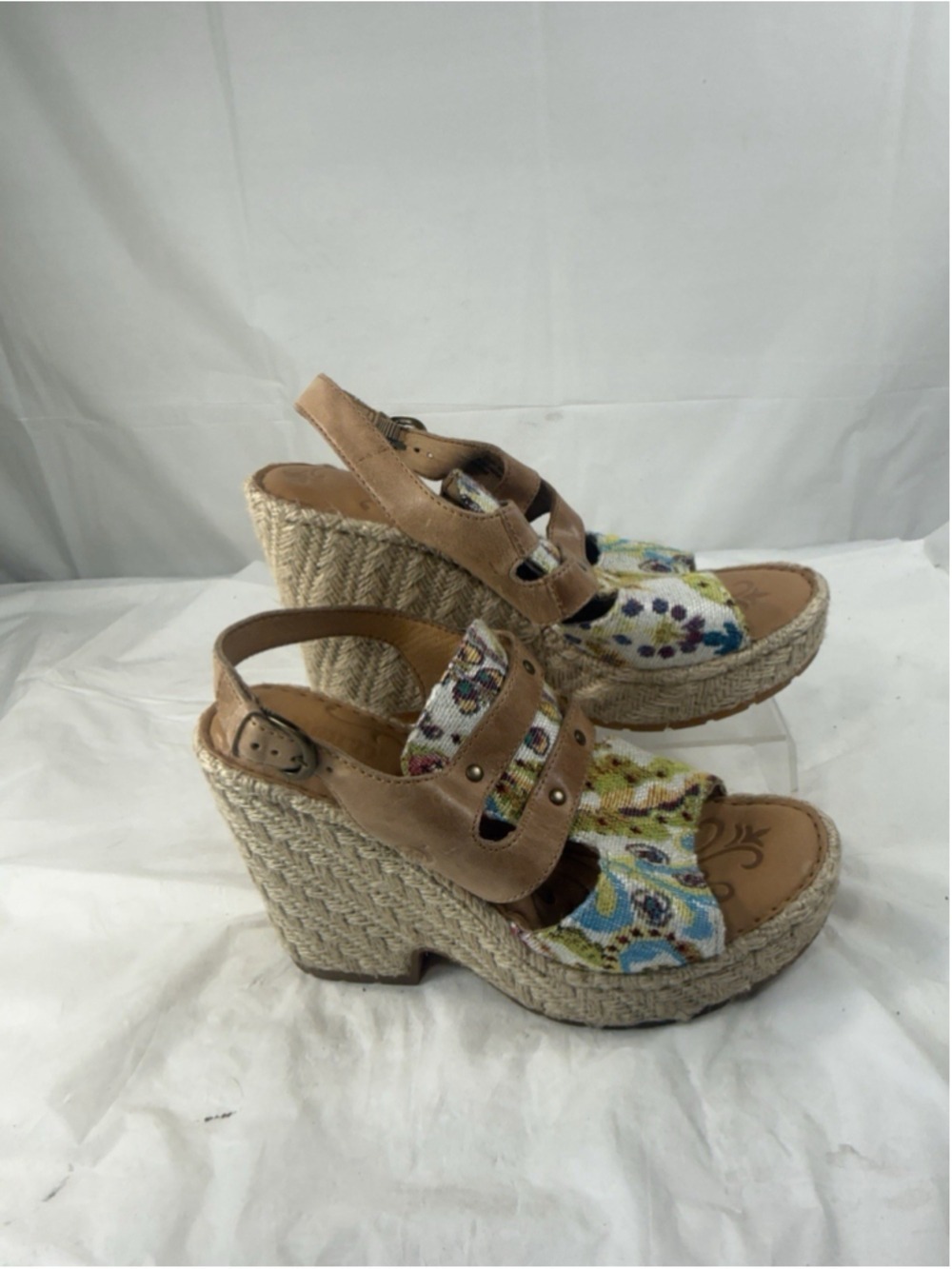 Born Brewster Platform Wedge Sandal Tapestry Leather Jute Heel Women Size 7 M - Picture 4 of 14